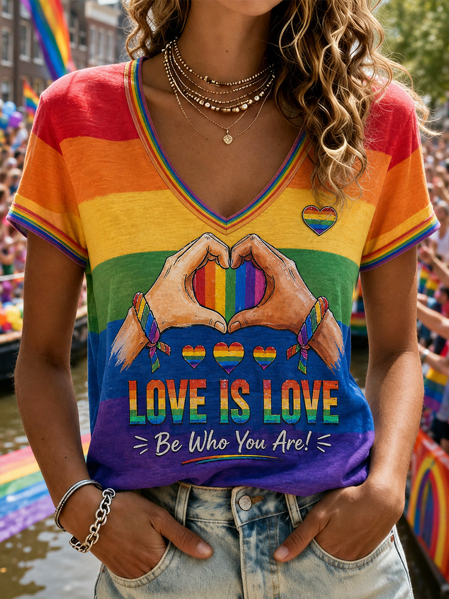 Dames-Lgbt-regenboogprint top met V-hals en korte mouwen