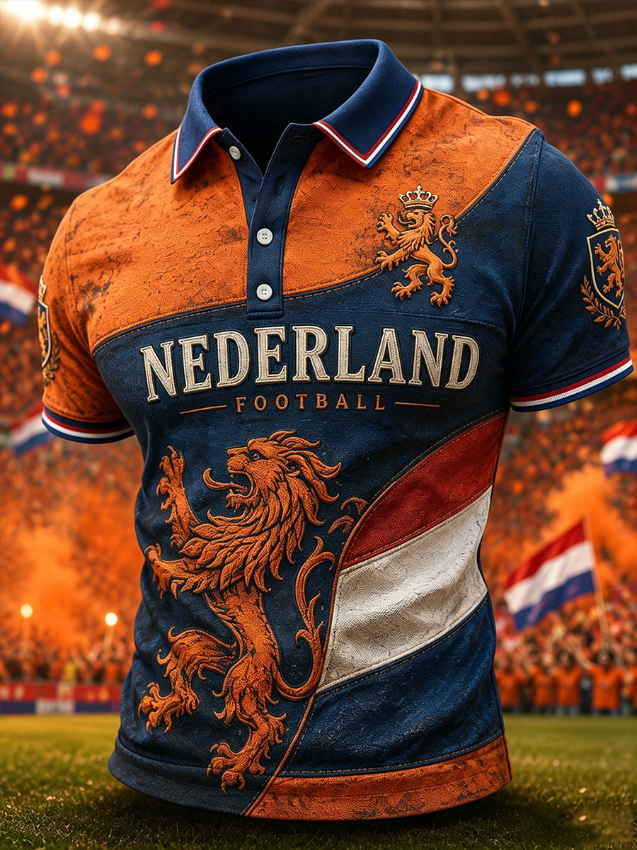 Herenpolo met korte mouwen en retro voetbalprint met leeuw