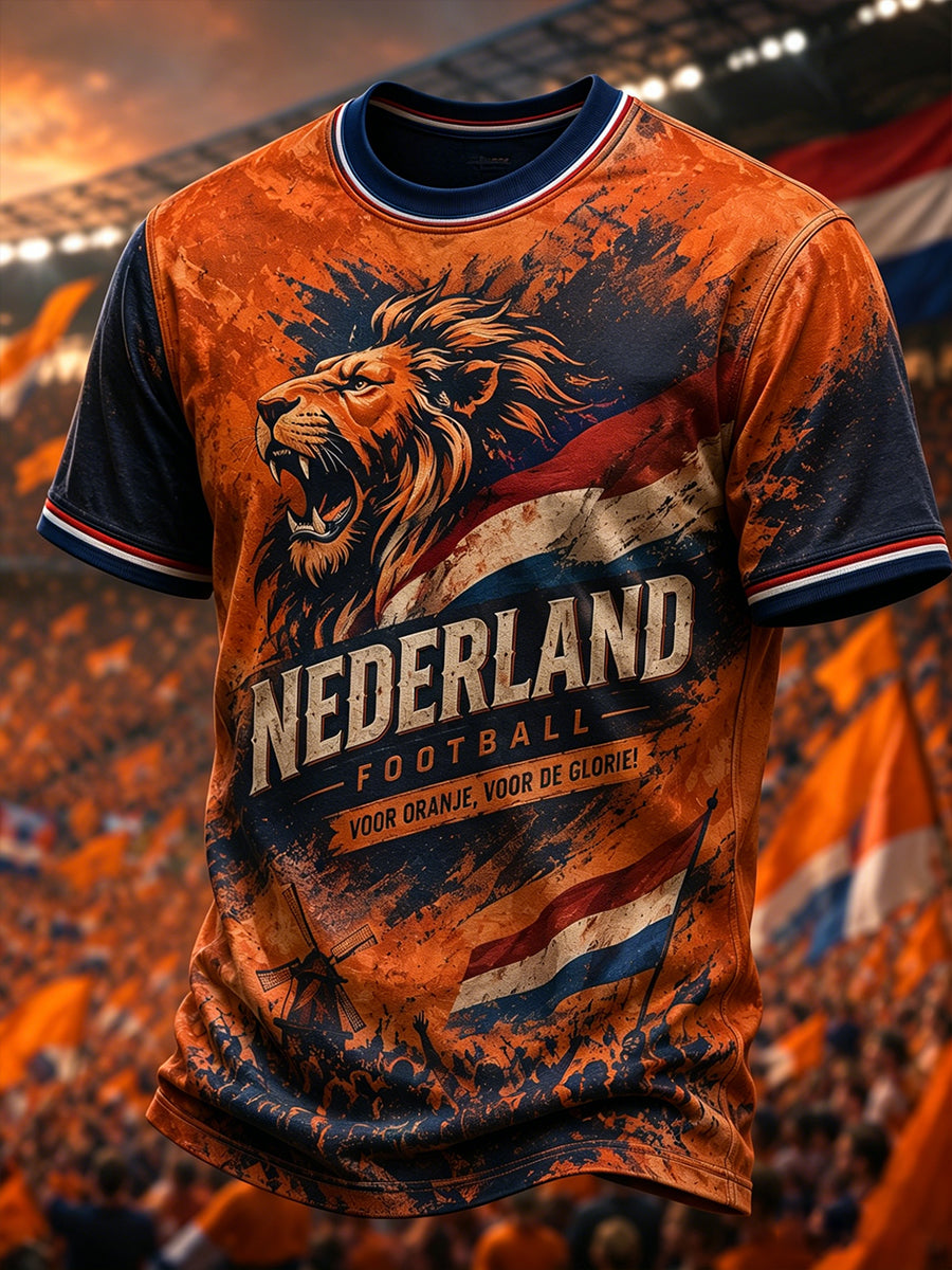 Heren T-shirt met retro voetbalprint en korte mouwen met leeuwenmotief