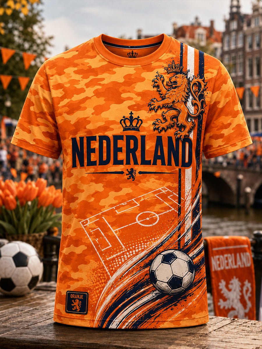 Heren T-shirt met camouflageprint van een leeuw en korte mouwen voor voetbal
