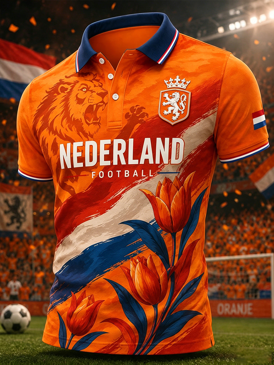 Herenpolo met korte mouwen en retro voetbalprint met leeuw
