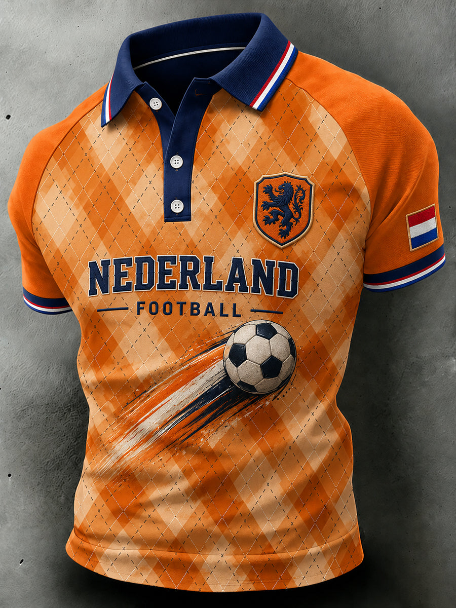 Herenpoloshirt met korte mouwen en voetbalprint