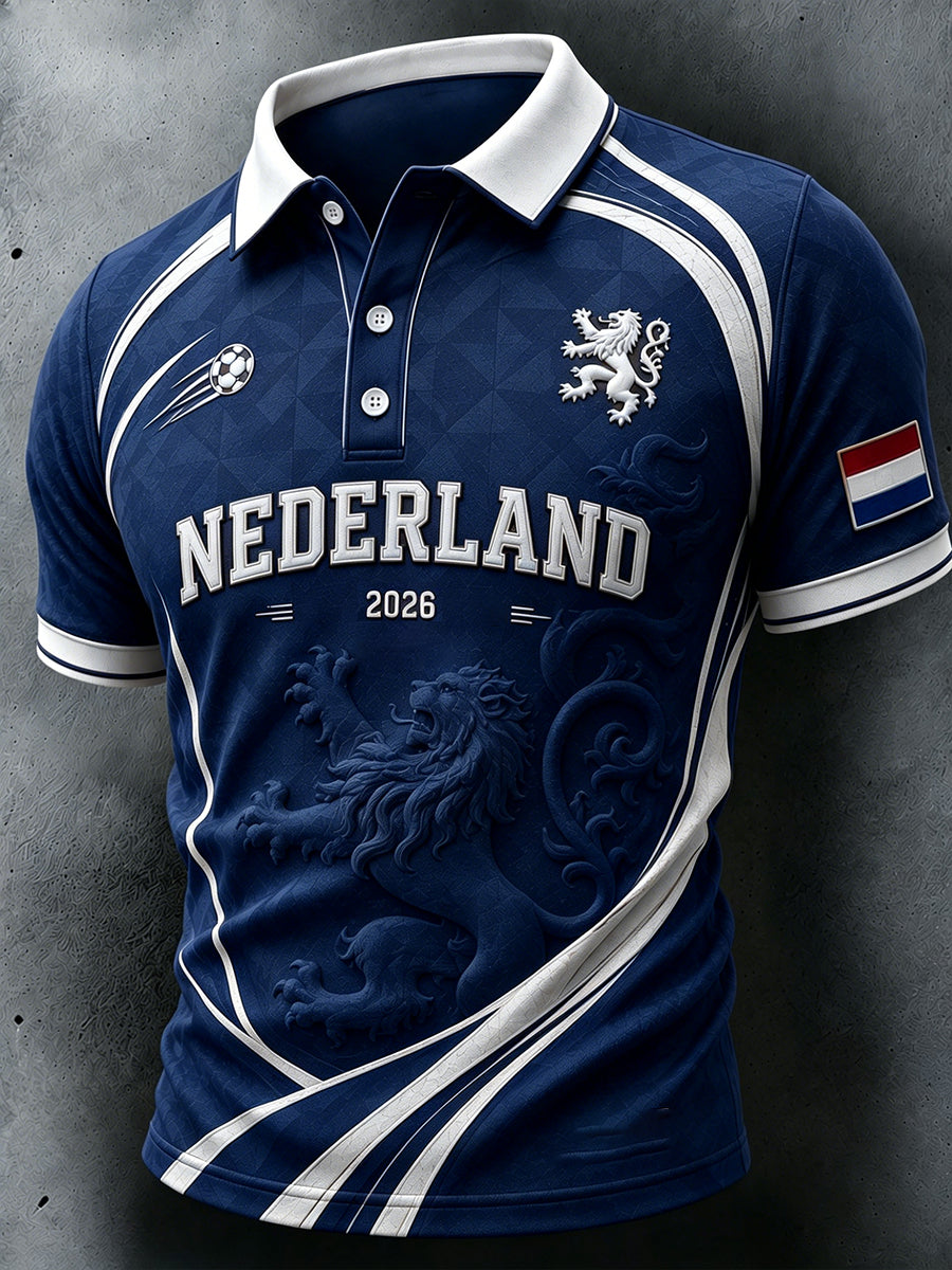 Herenpoloshirt met korte mouwen en voetbalprint