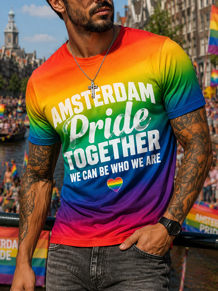 Heren-T-shirt met regenboogprint en korte mouwen voor de LHBT-gemeenschap