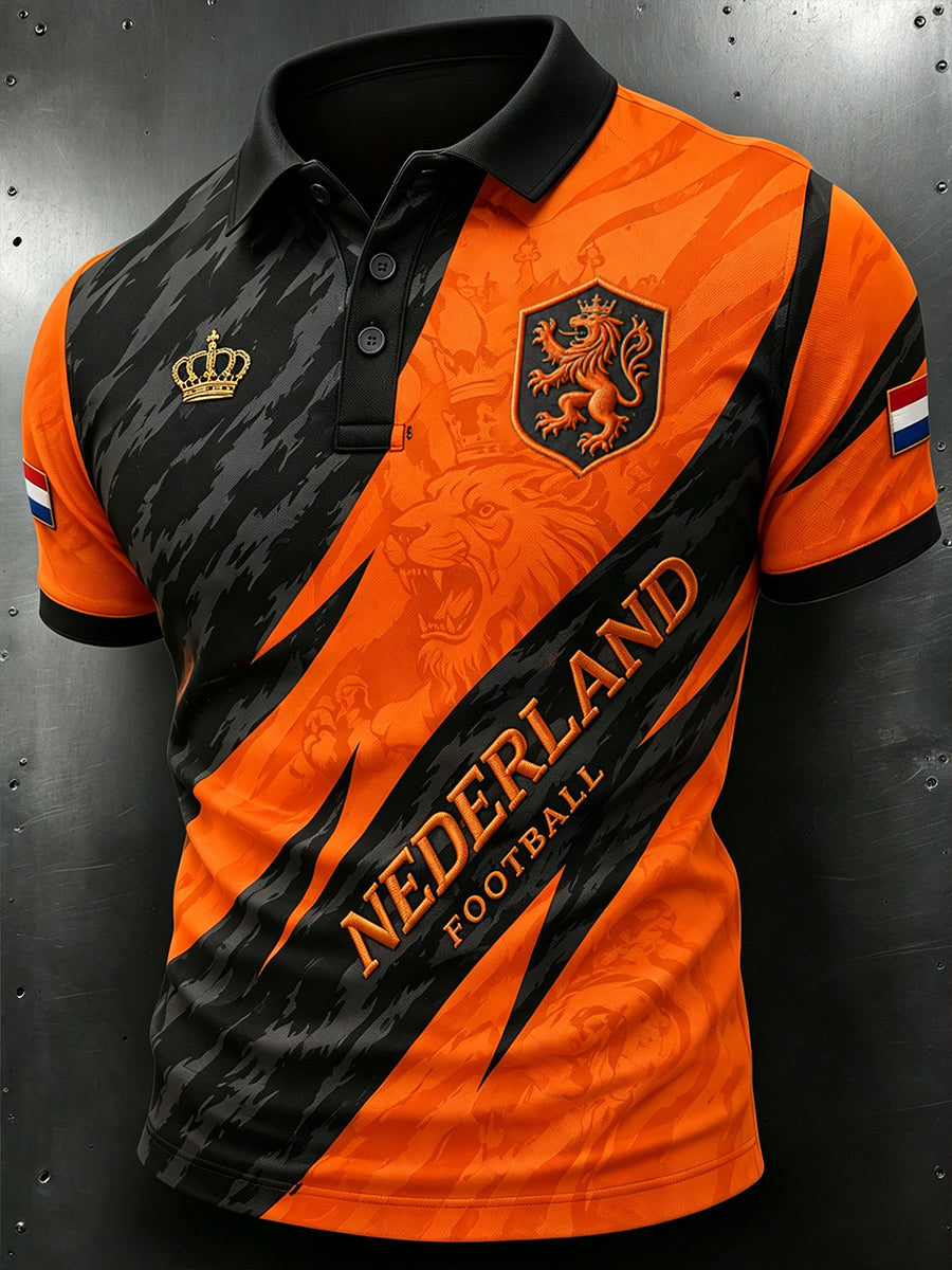 Herenpoloshirt met korte mouwen en print van een leeuw en een voetbal
