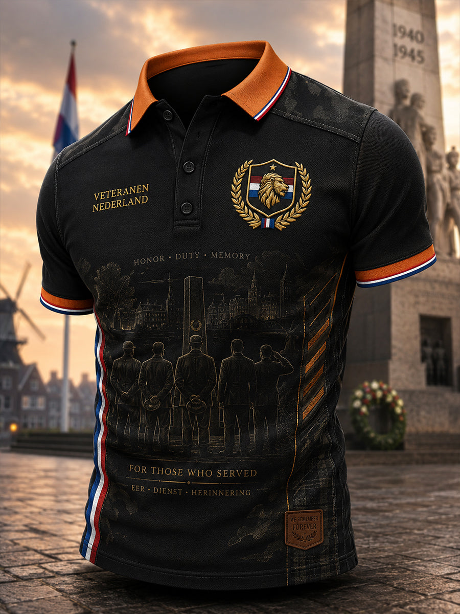 Heren retro veteraan print poloshirt met korte mouwen