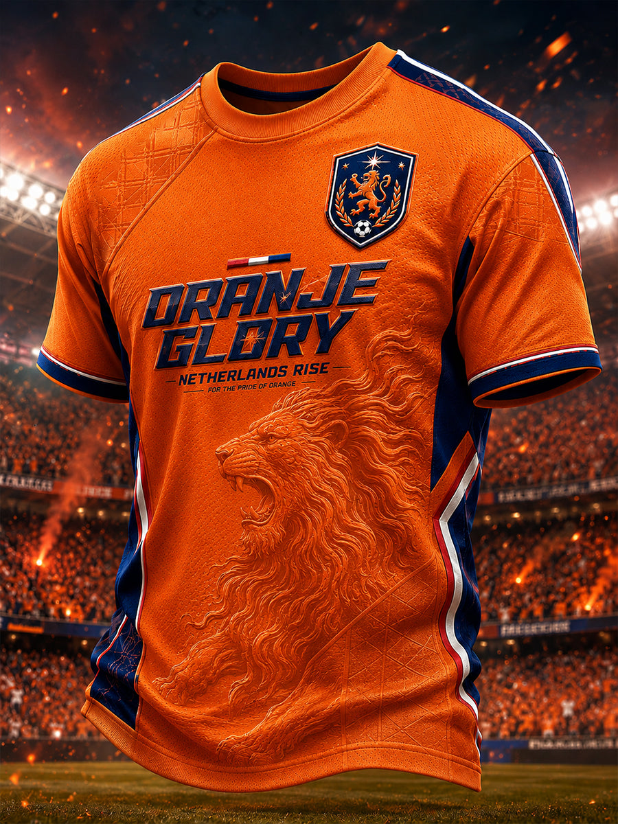 Heren T-shirt met korte mouwen met leeuw en voetbalprint