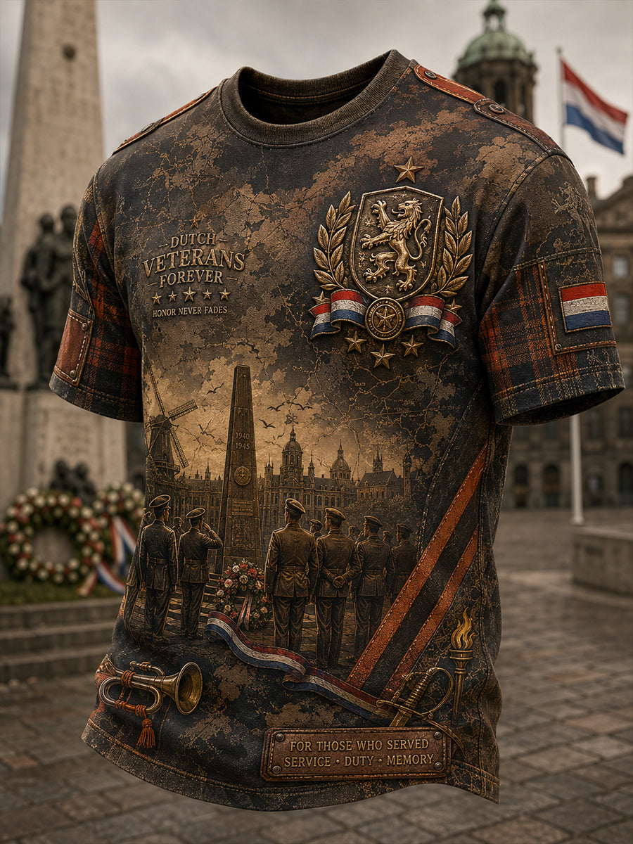 Heren Retro Veteraan Print T-shirt met korte mouwen