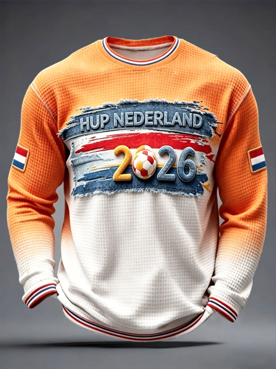 Heren T-shirt met print van het Nederlands voetbal in 2026, casual, gewafeld weefsel, lange mouwen