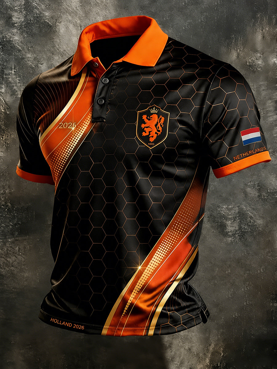 Herenpoloshirt met korte mouwen en voetbalprint