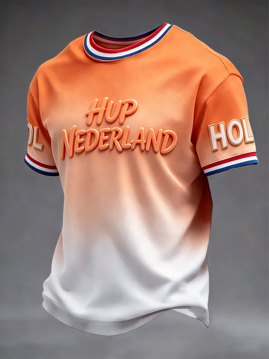 Heren T-shirt met ‘Hup Nederlands!’-voetbalgradiëntprint, casual