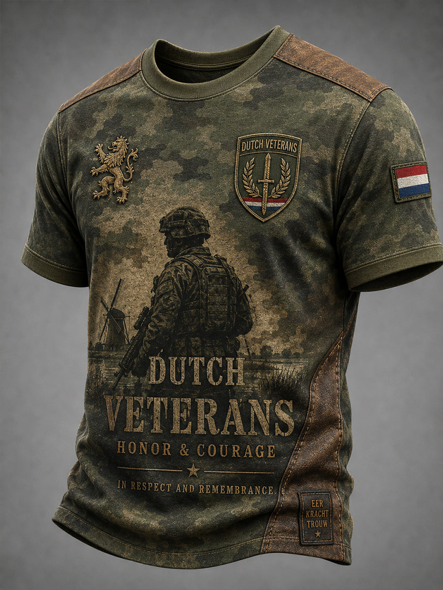 Heren T-shirt met korte mouwen in retrocamouflagestijl en veteranelementen
