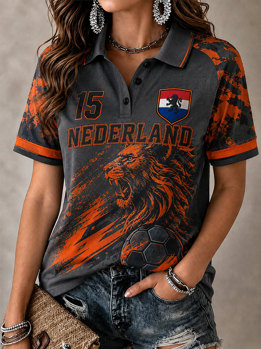 Damespoloshirt met korte mouwen en print van een leeuw en voetbal