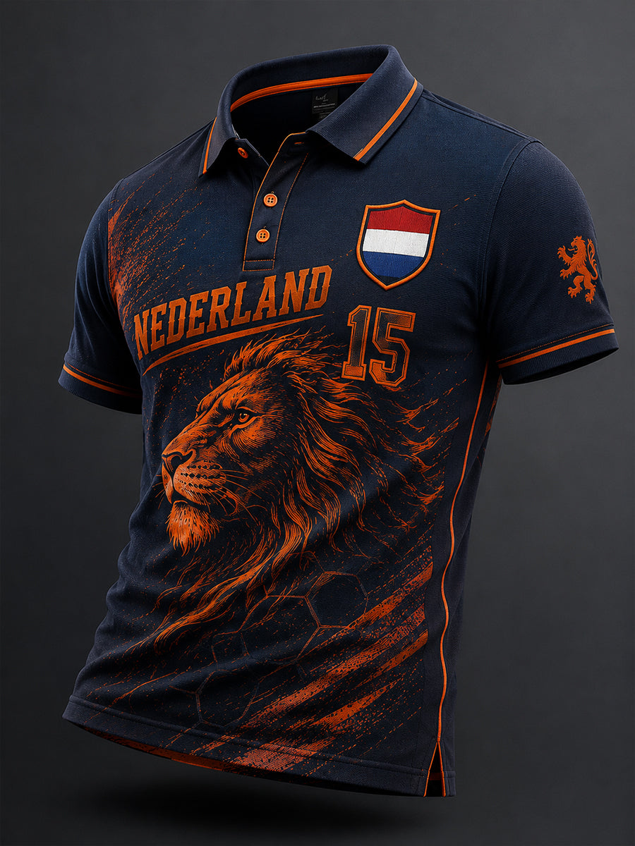 Herenpoloshirt met korte mouwen en print van een leeuw en voetbal