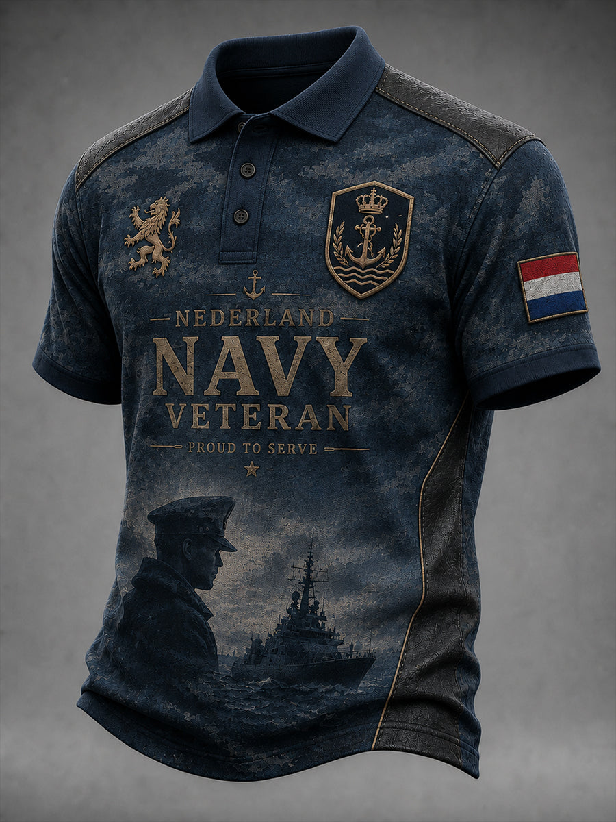 Herenpoloshirt in retrostijl voor veteranen met camouflageprint en korte mouwen