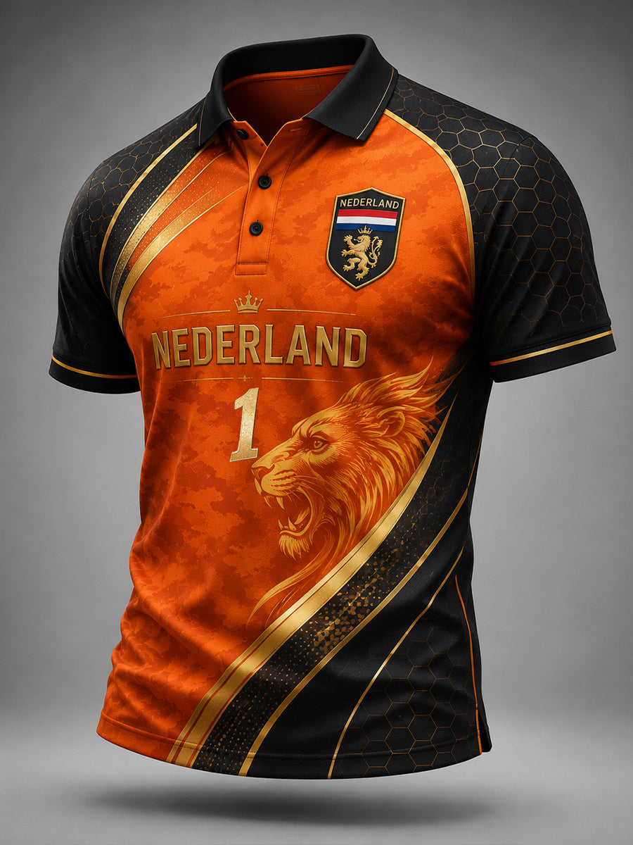 Herenpoloshirt met korte mouwen en print van een leeuw en voetbal