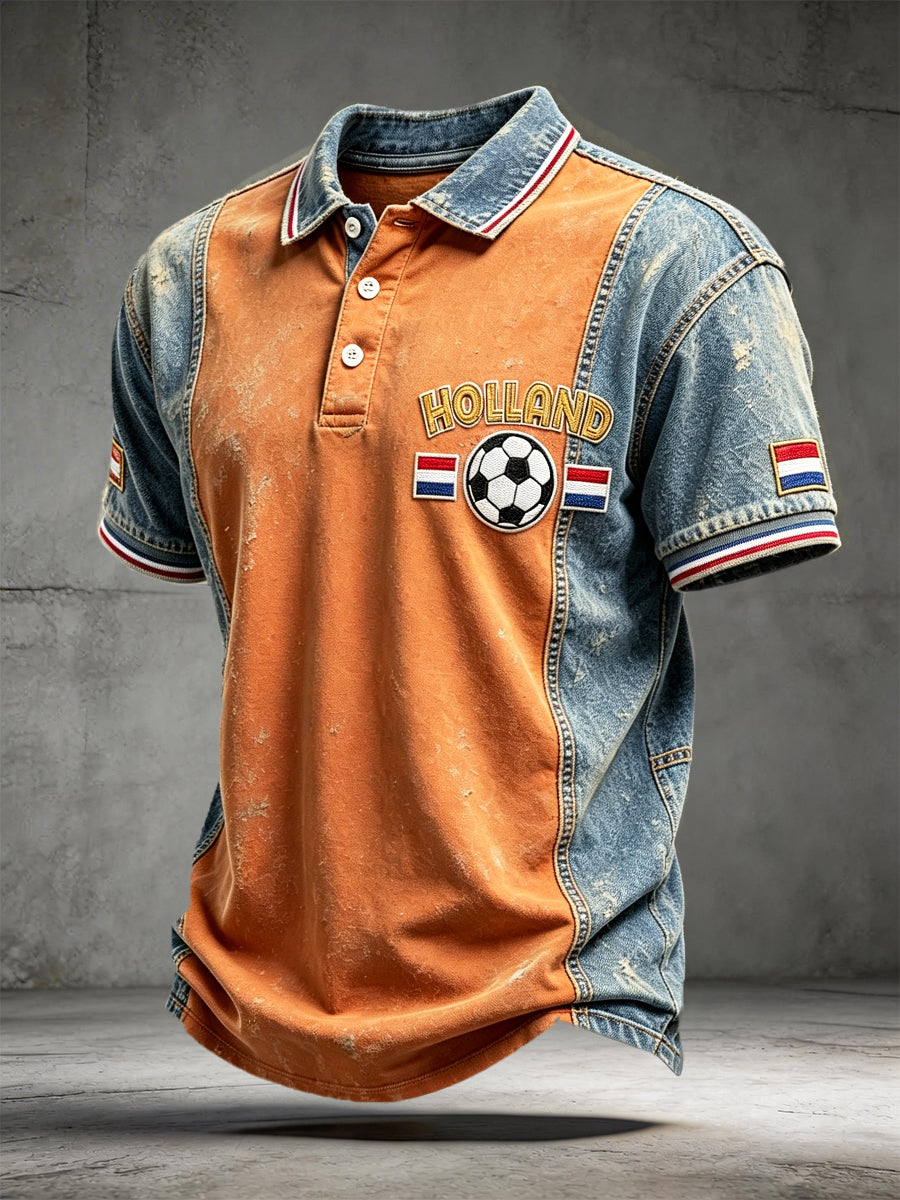 Herenvest met vintage Nederlandse voetbalprint in denim patchwork, casual poloshirt