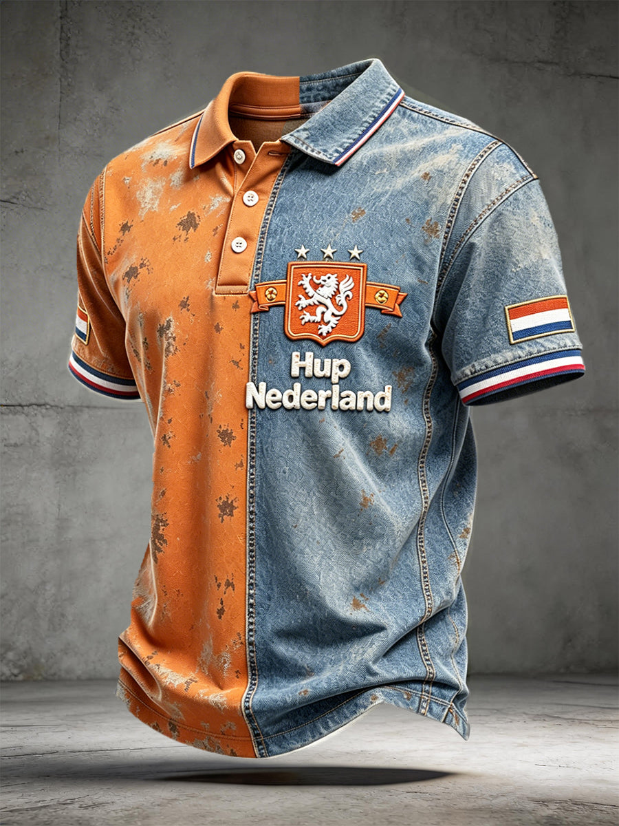 Casual poloshirt voor heren met denim patchworkprint en voetbalthema