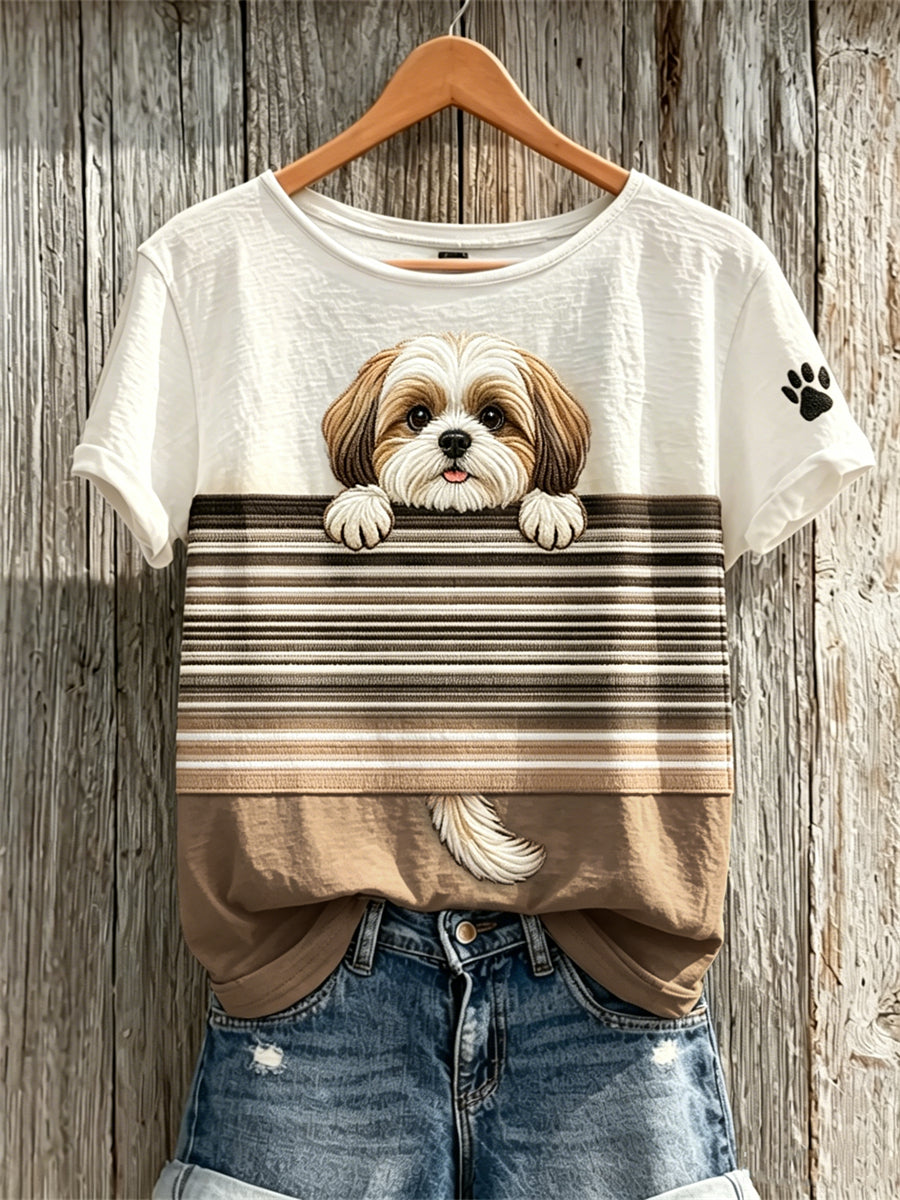 Dames Gluitende Shih Tzu Dog & Paw Print Colorblock Print T-shirt met korte mouwen