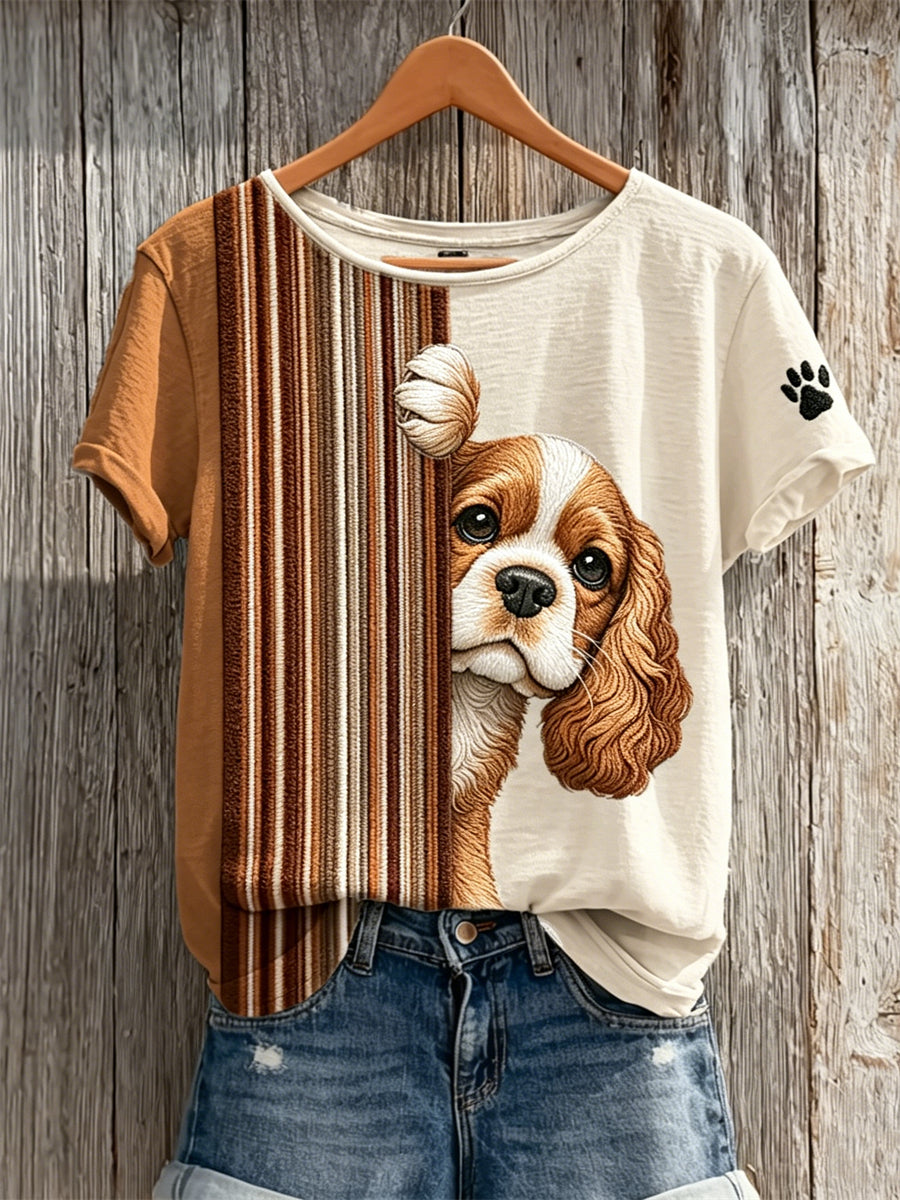 Gluren koning Charles Spaniel Dog & Paw print colorblock print T-shirt met korte mouwen
