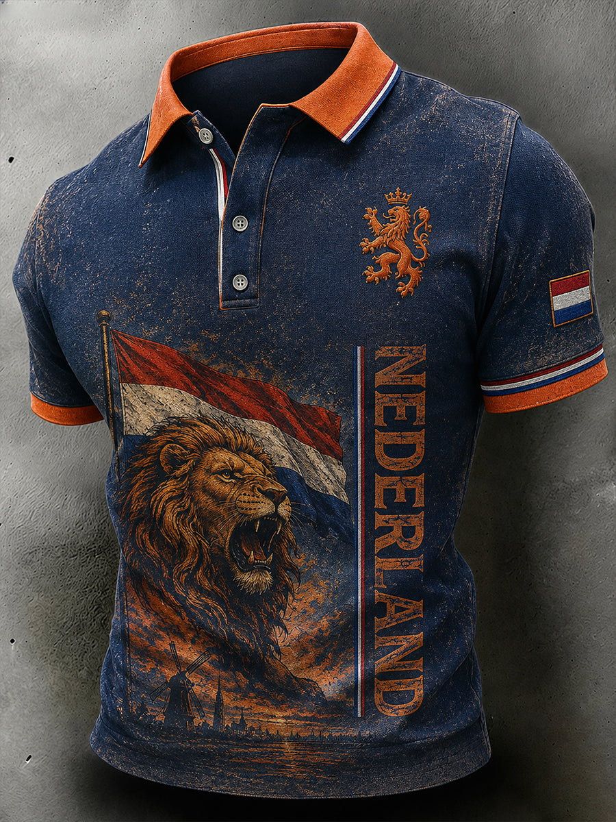 Herenpoloshirt met retro leeuwenprint en korte mouwen