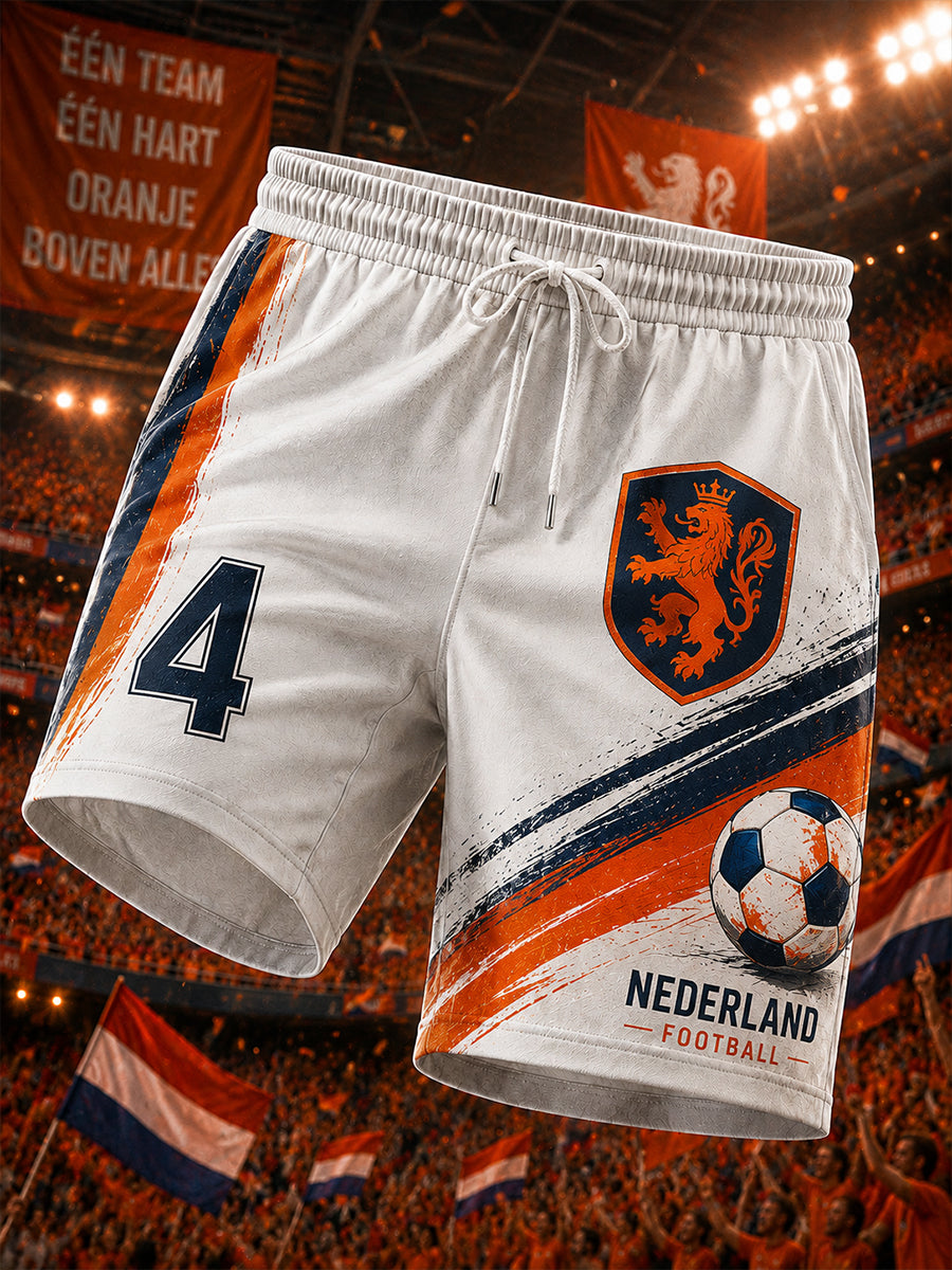 Sportkorte broek voor heren met leeuwenprint en voetbalmotief