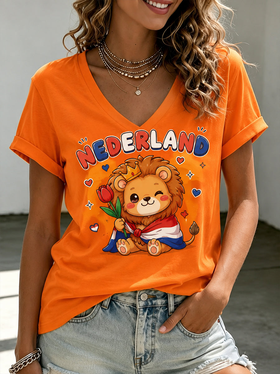 Schattig T-shirt met leeuwen- en bloemenprint, V-hals en korte mouwen voor dames