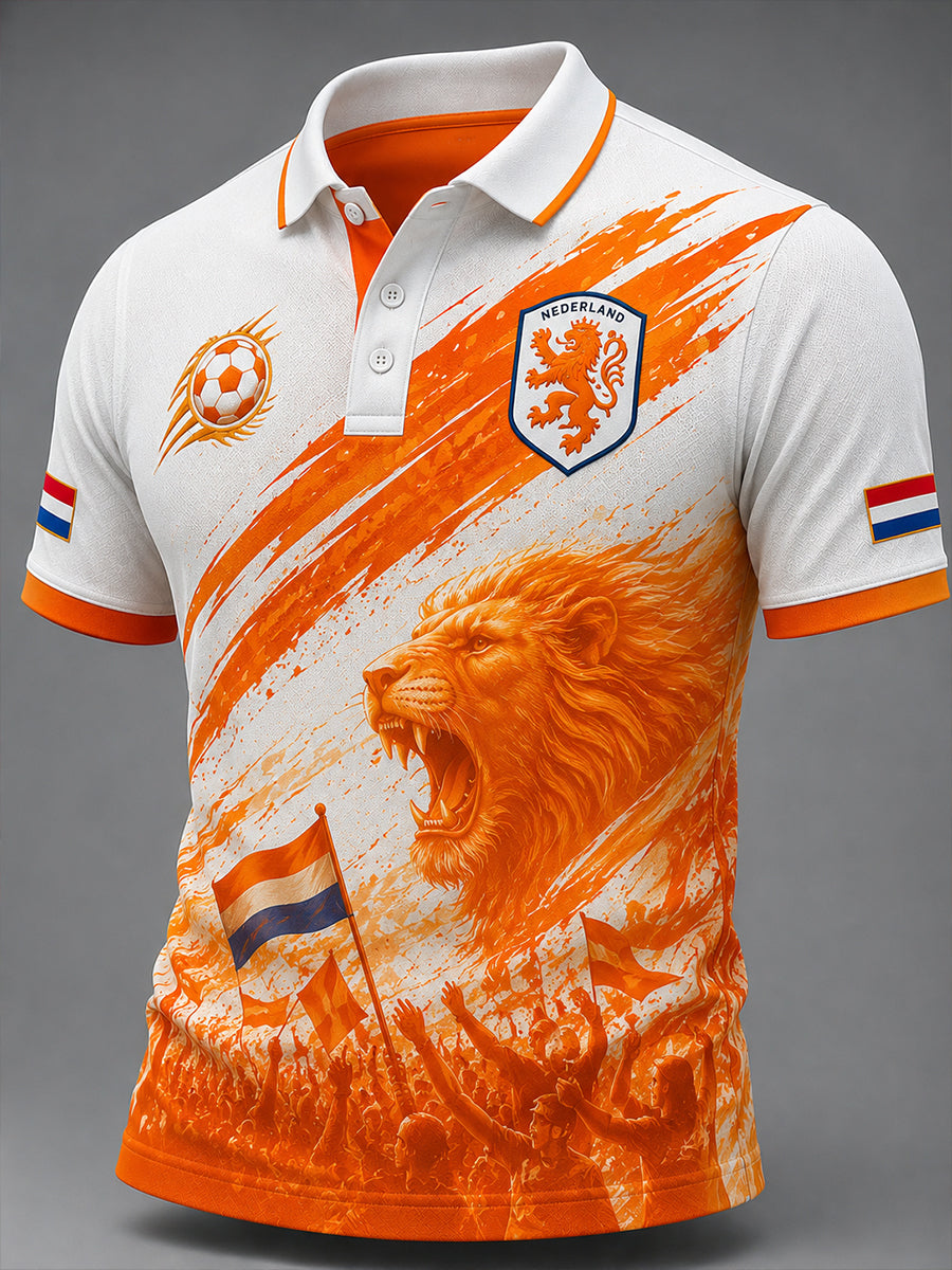 Herenpoloshirt met korte mouwen en print van een leeuw en voetbal