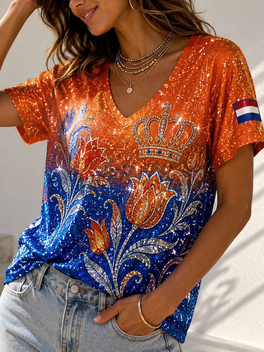 Dames T-shirt met lovertjes en bloemenprint, V-hals en korte mouwen