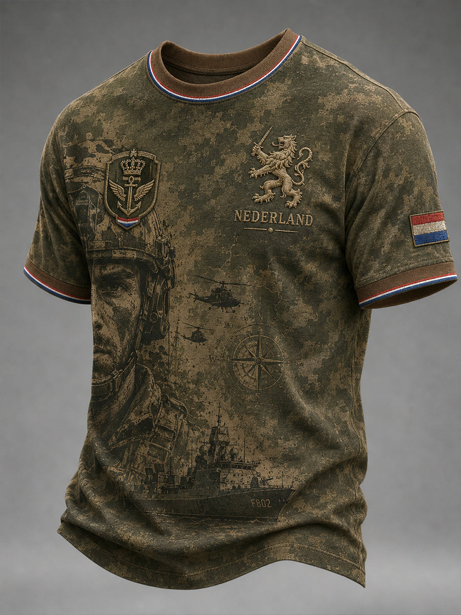 Heren T-shirt met korte mouwen in retrocamouflagestijl en militair motief