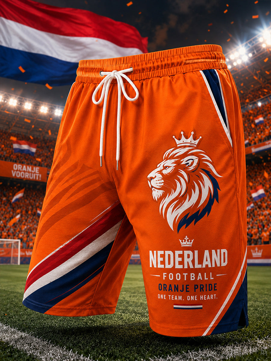Sportkorte broek voor heren met leeuwenprint en voetbalmotief