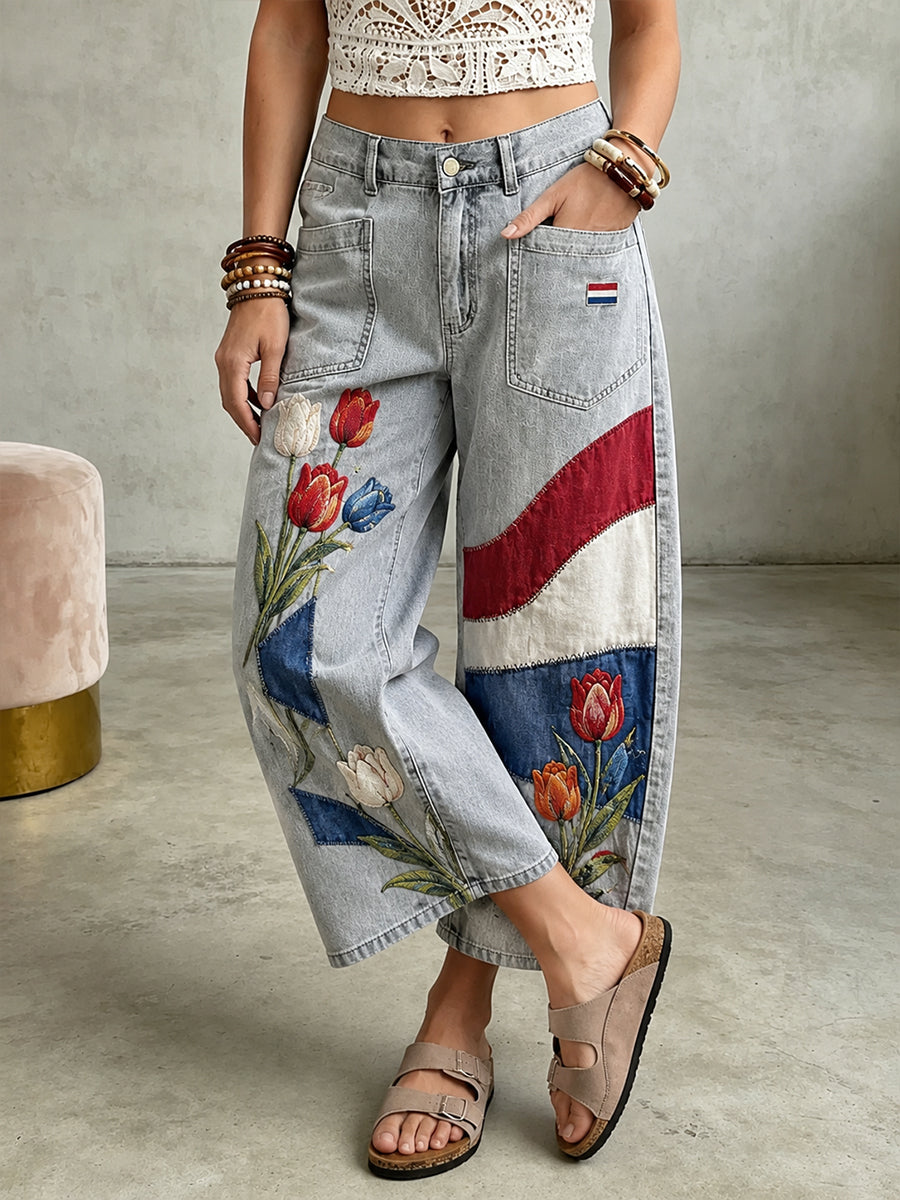 Damesjeans met lange pijpen en bloemenprint
