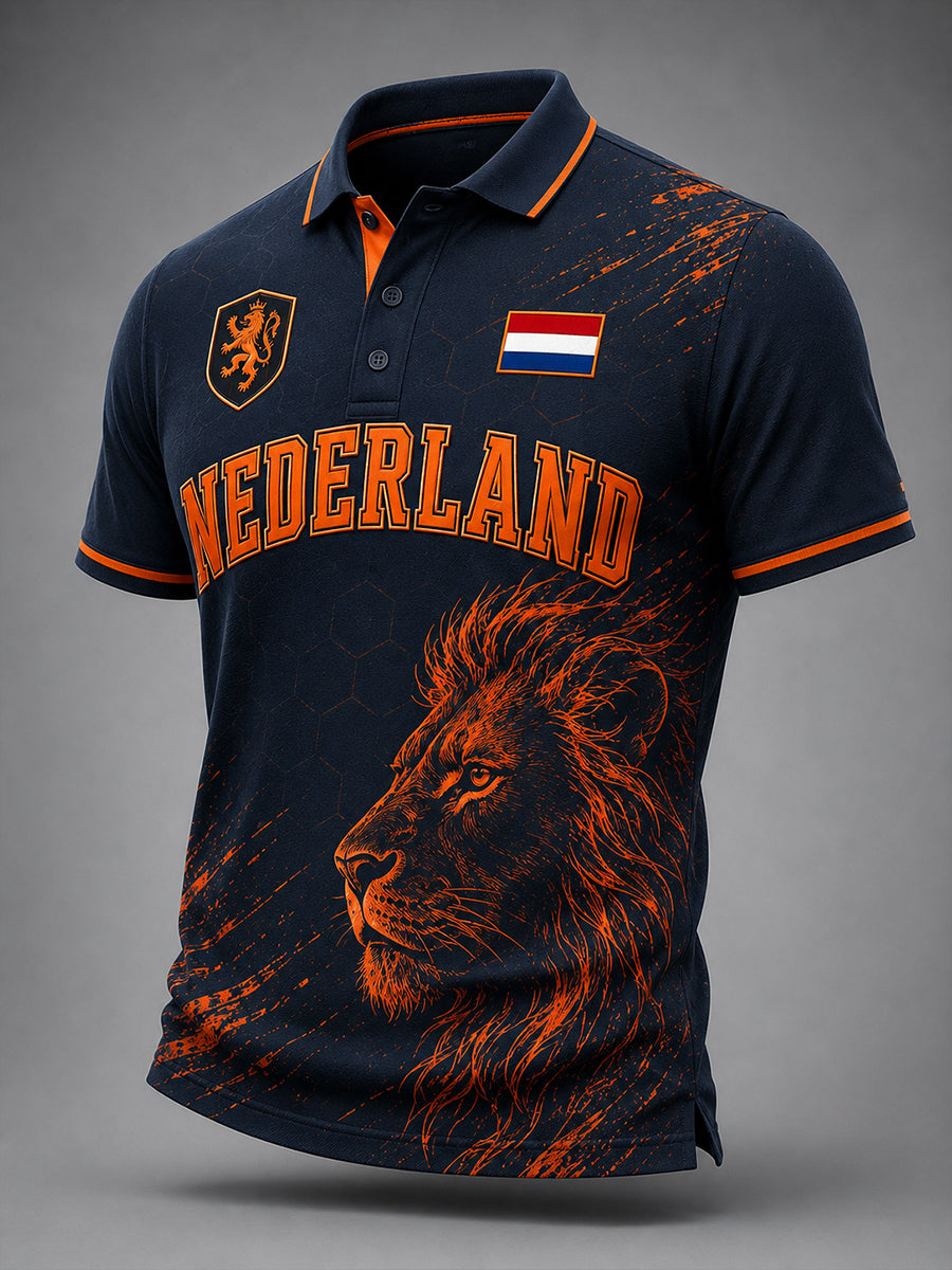 Herenpoloshirt met korte mouwen en print van een leeuw en voetbal