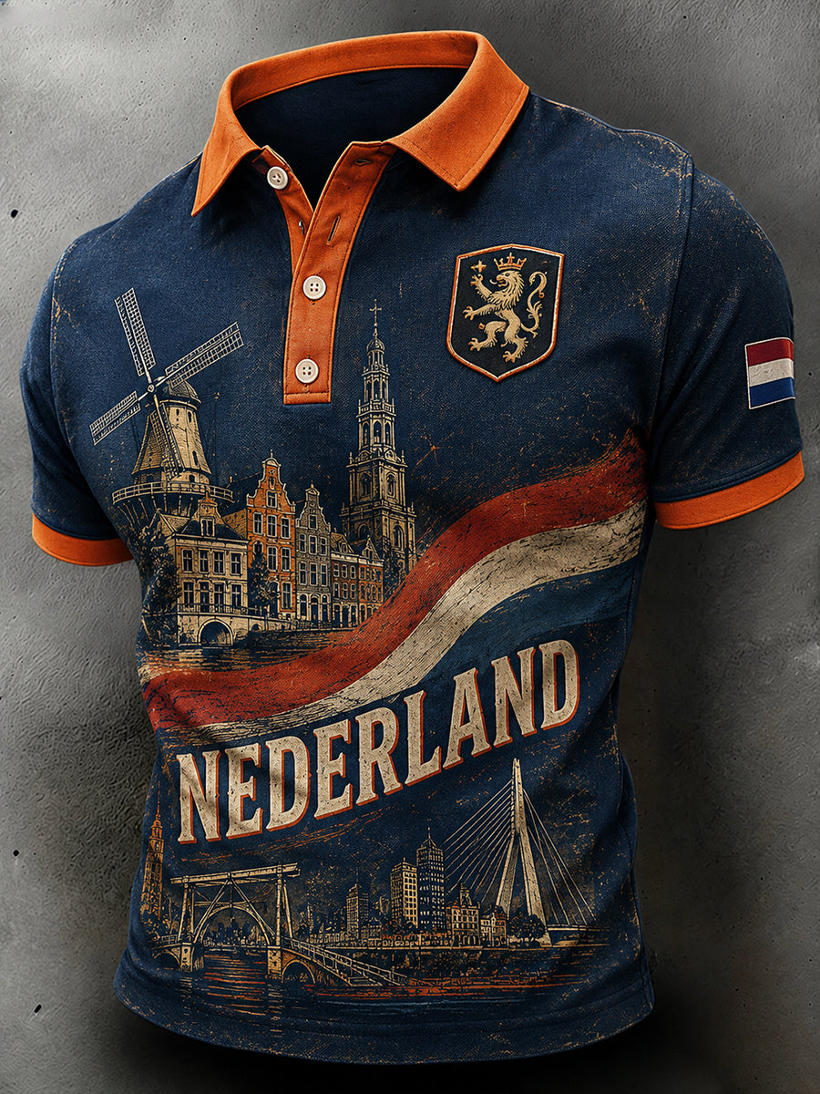 Herenpoloshirt met retro leeuwenprint en korte mouwen