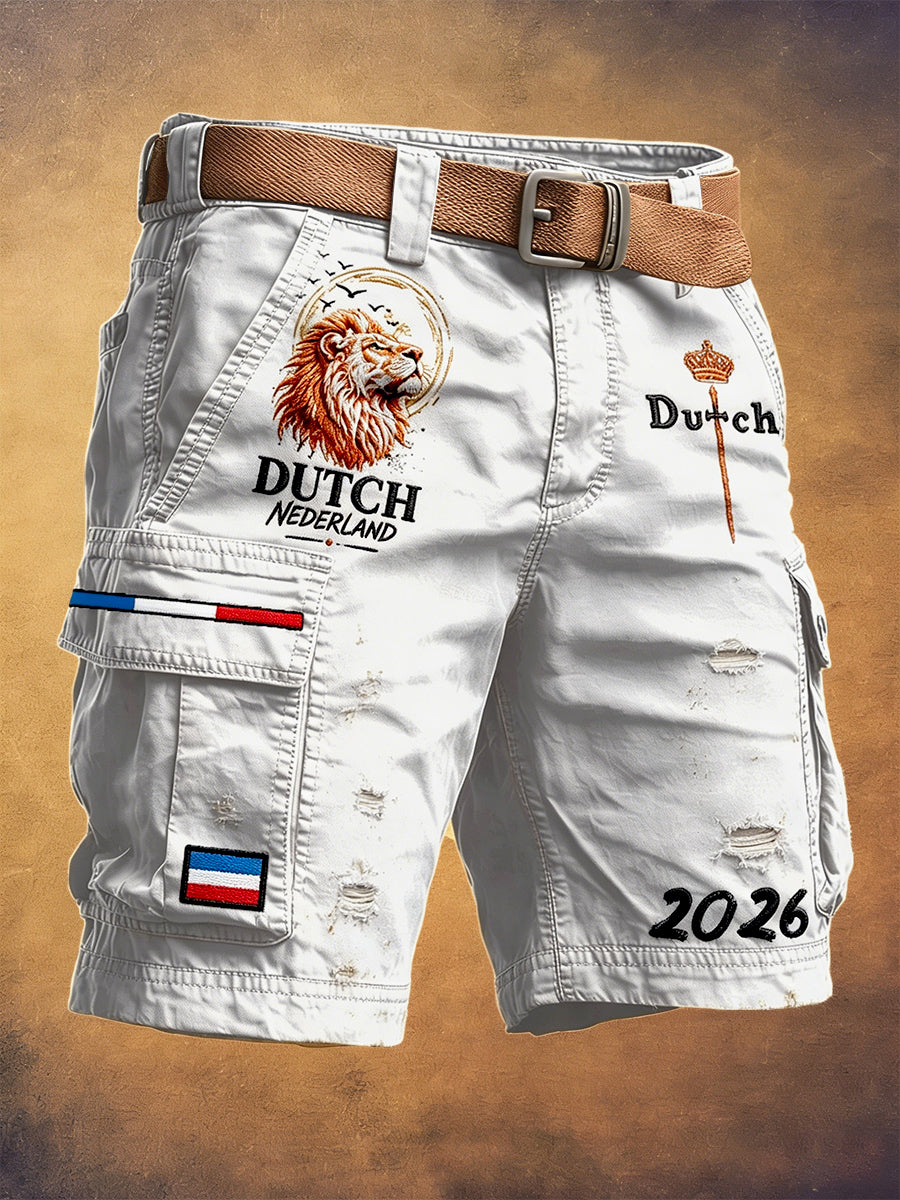 Heren Retro witte Nederlandse voetbalprint casual werkshorts