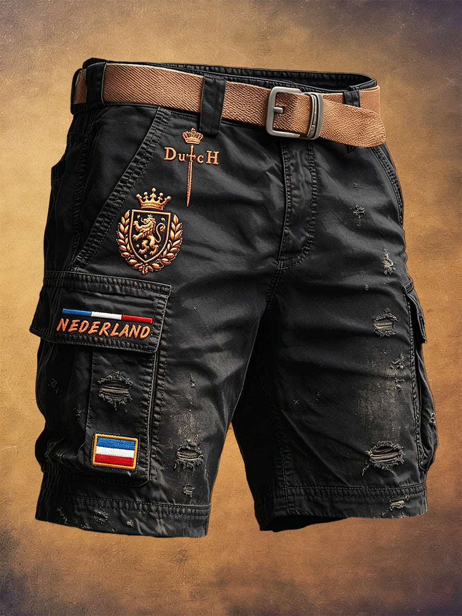 Zwarte, doorgestreepte casual werkshorts voor heren met Nederlandse vlag