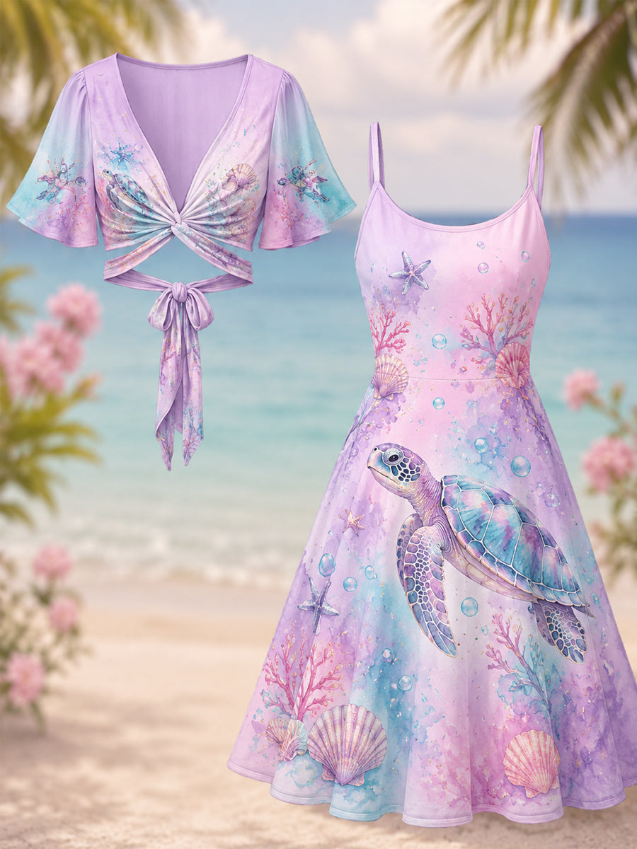 Damesjurk met zeeschildpadprint en onderjurk, tweedelig setje