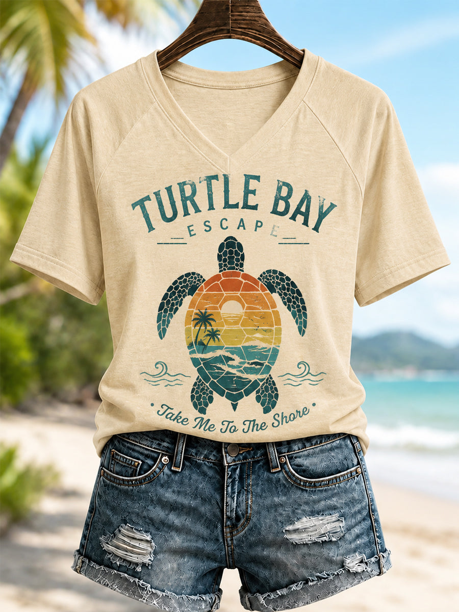 Dames T-shirt met zeeschildpadprint en V-hals voor dagelijks gebruik