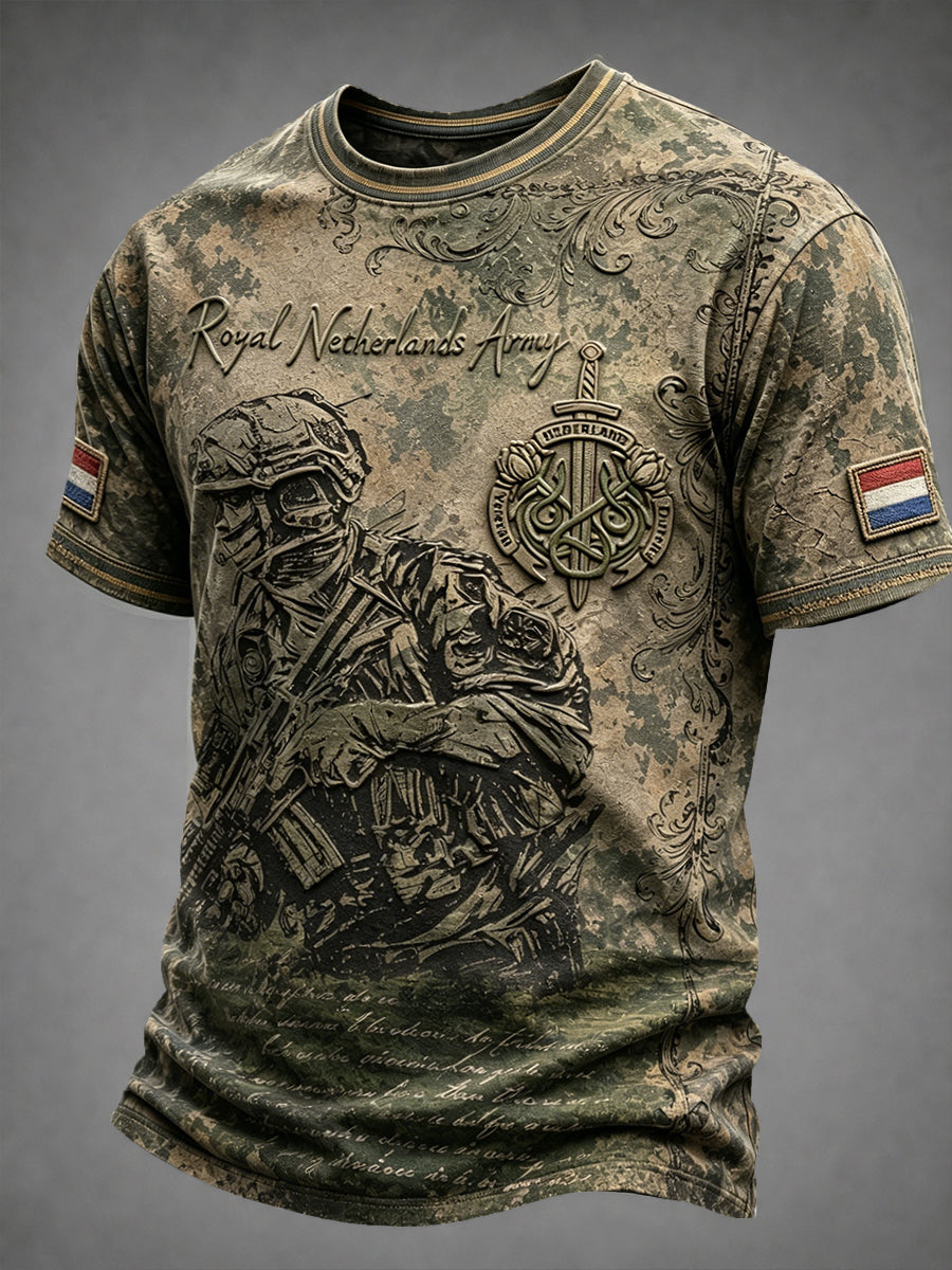 Herenvestje in vintagestijl met Nederlandse militaire print voor veteranen, casual T-shirt