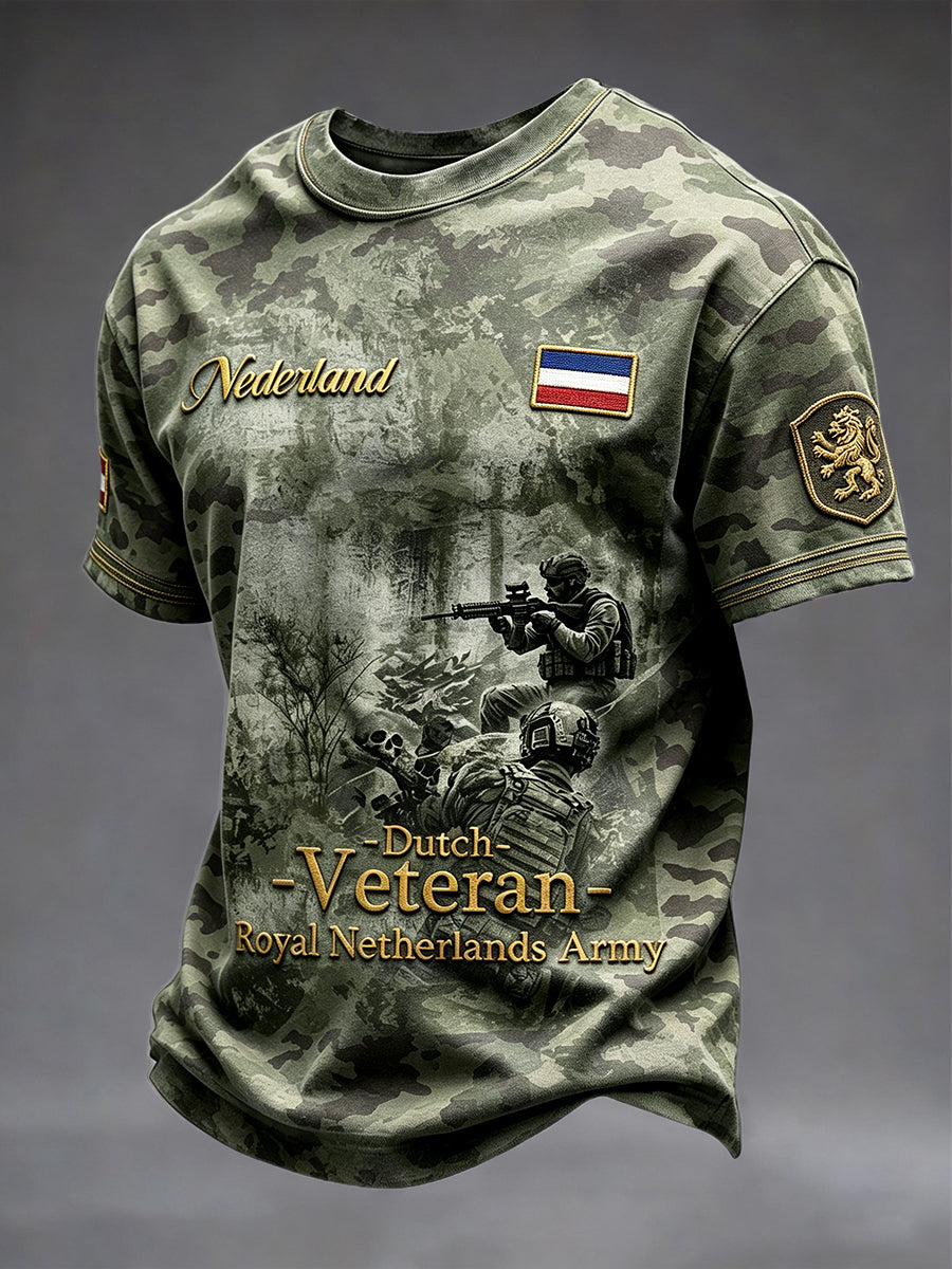 Casual t-shirt voor heren met Nederlandse vlag en militair motief voor veteranen