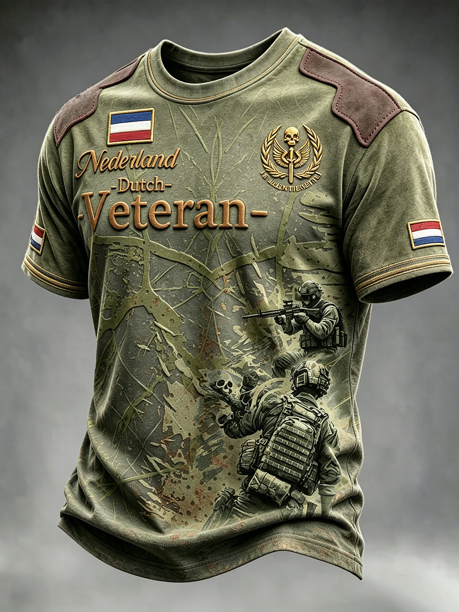 Herenshirt in vintagestijl, legergroen, met patchworkprint van Nederlandse veteranen, casual t-shirt