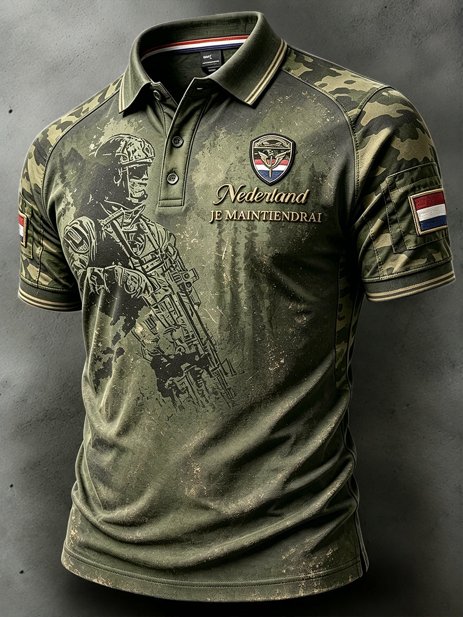 Herens poloshirt in legergroen met camouflage en patchworkprint, casual stijl voor Nederlandse veteranen