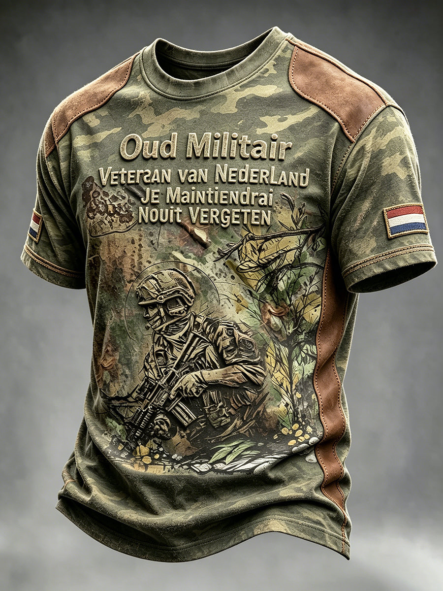 Herenshirt in vintagestijl met Nederlandse veteranen- en camouflageprint, casual model