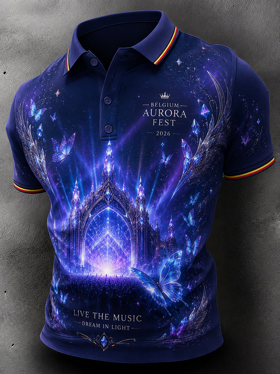 Mannenmuziekfestivalprint poloshirt met korte mouwen