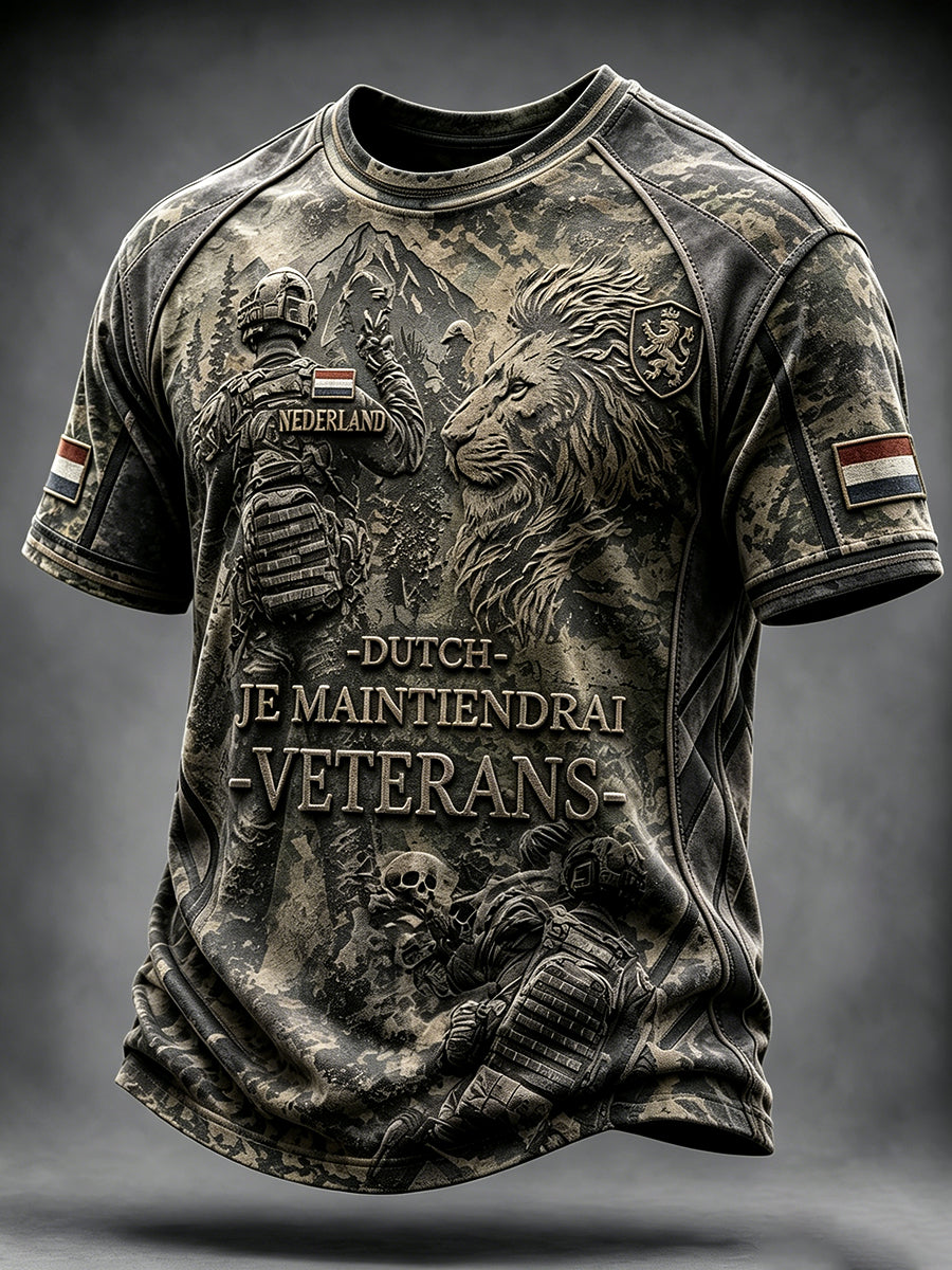 Heren T-shirt in retrocamouflage met leeuwenprint, casual, Nederlands militair veteraan