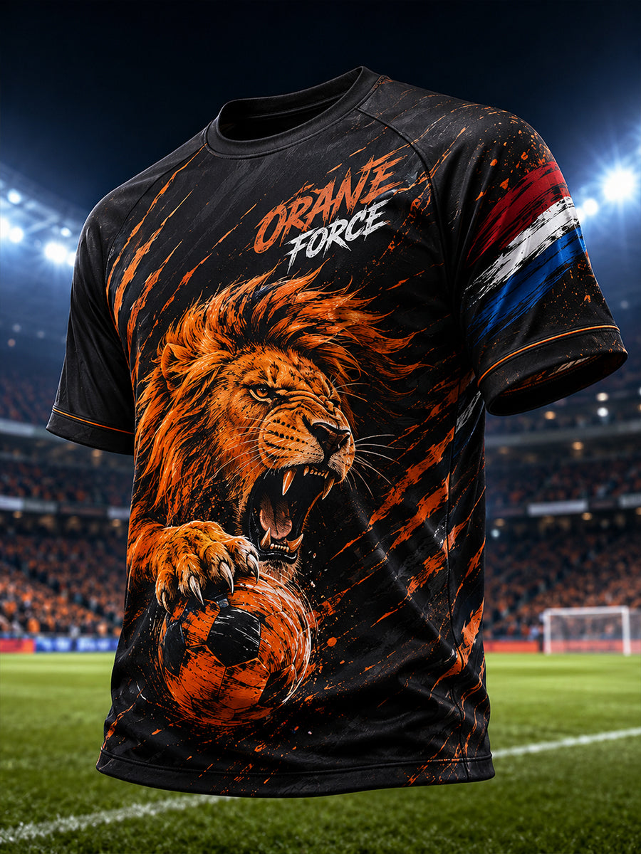 Heren-T-shirt met korte mouwen en raglanmouwen, voorzien van een print met leeuw en voetbalthema