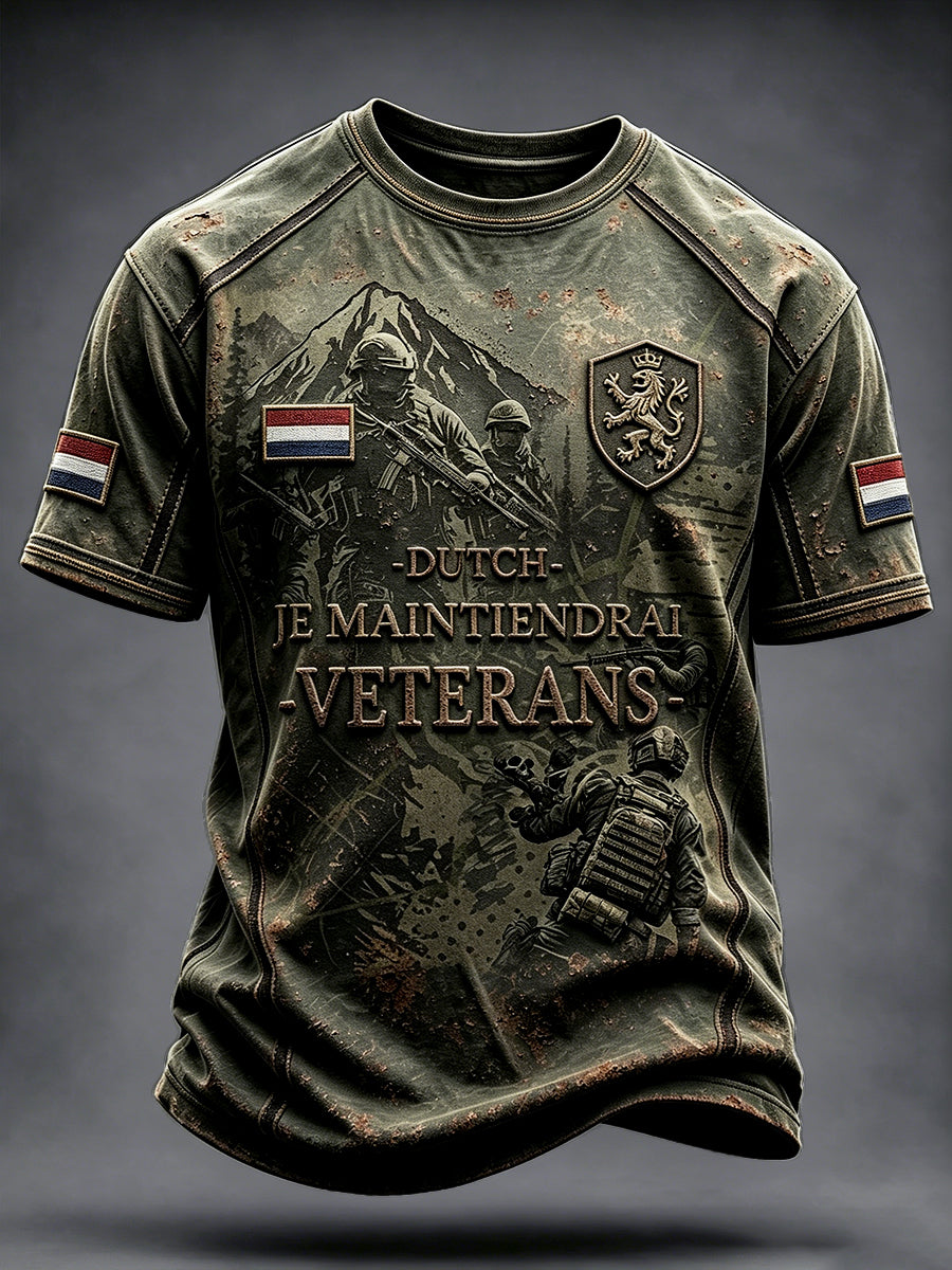 Herens vintage legergroen casual T-shirt met patchworkprint en Nederlandse veteraandesign
