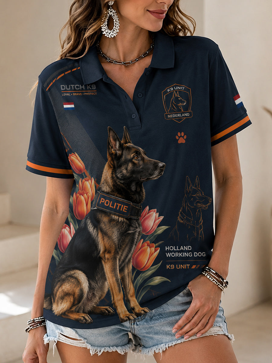 Damespoloshirt met korte mouwen en grafische print met politiehondmotief