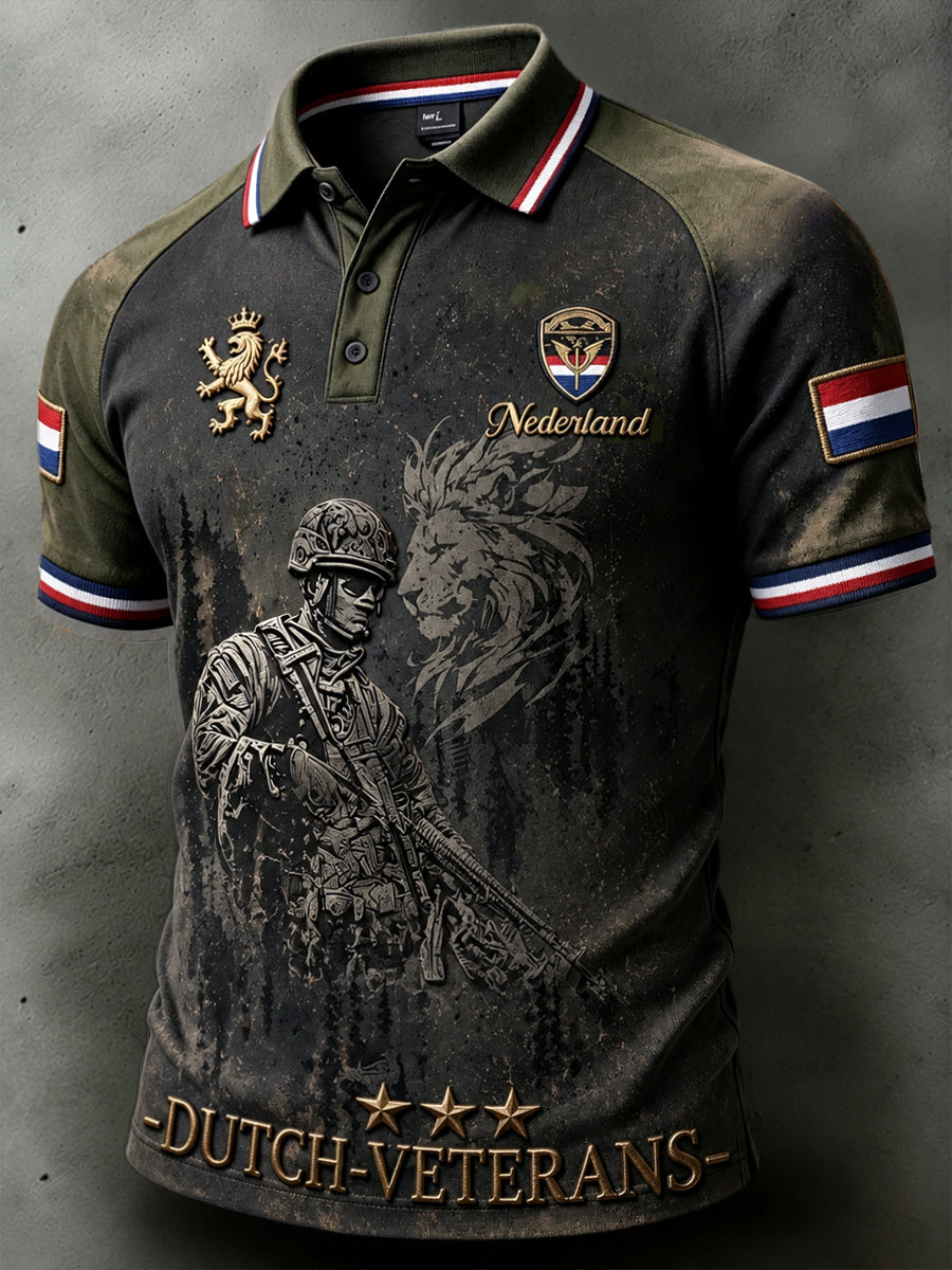 Herenvintage Nederlandse Veteraan Lion Print Casual Poloshirt