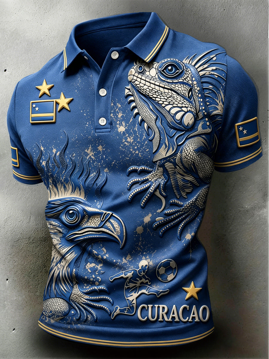 Donkerblauw Curaçao voetbal 3D-geprint casual poloshirt voor heren